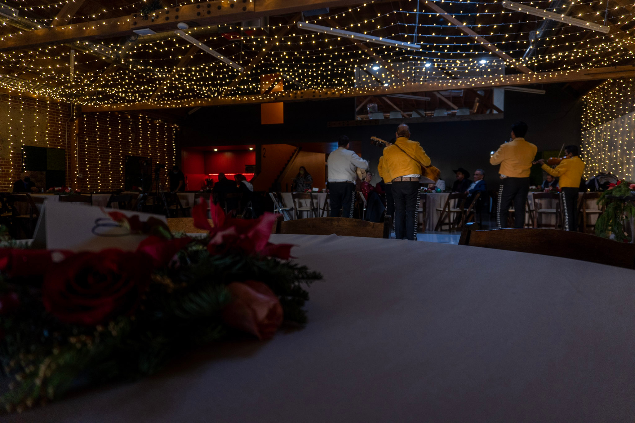 MG Studio Wedding Event Space Downtown Los Angeles Renovated Warehouse Exposed Brick Wood Beams Concrete Modern Industrial Chic - Live Band Twinkle Light Tent