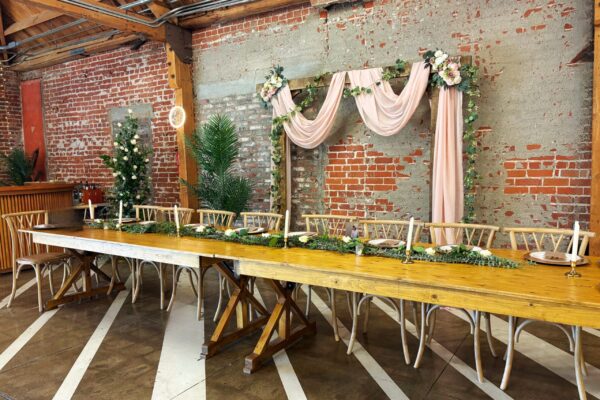 Long wood tables dinner party at MG Studio