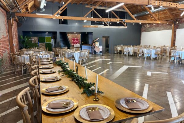 Dinner Party long wood table and rounds at MG Studio